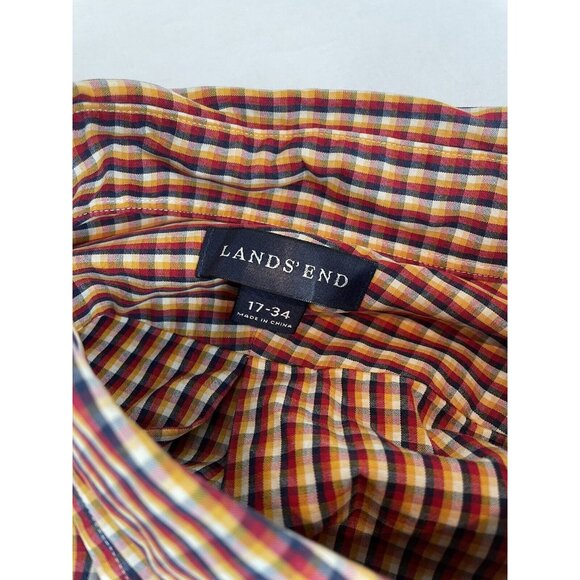 Lands End Men’s 17-34 Plaid Long Sleeve Button Down Red Yellow White Blue - Picture 3 of 6